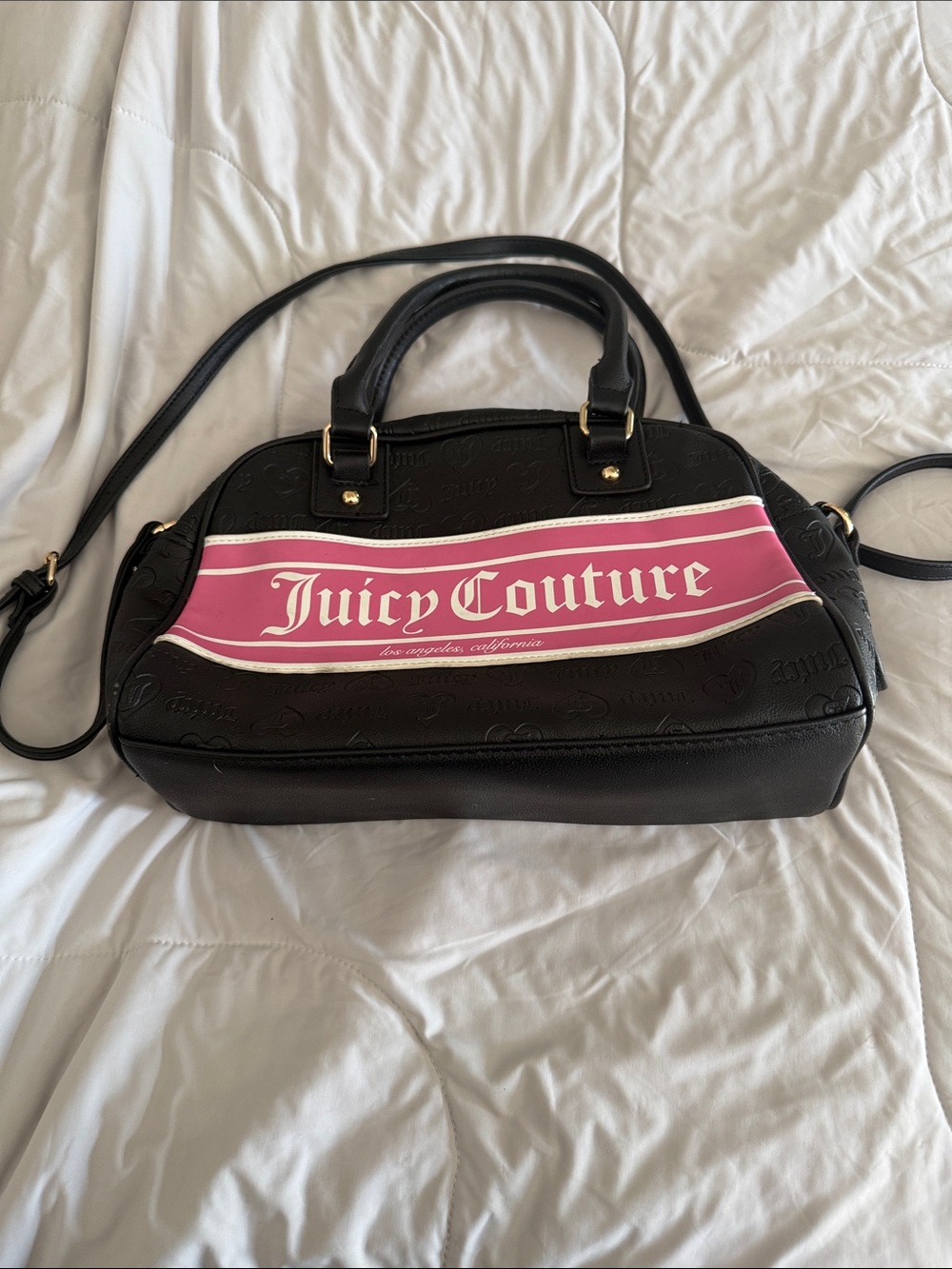 Juicy Couture Black Satchel with Pink and White Logo Stripe